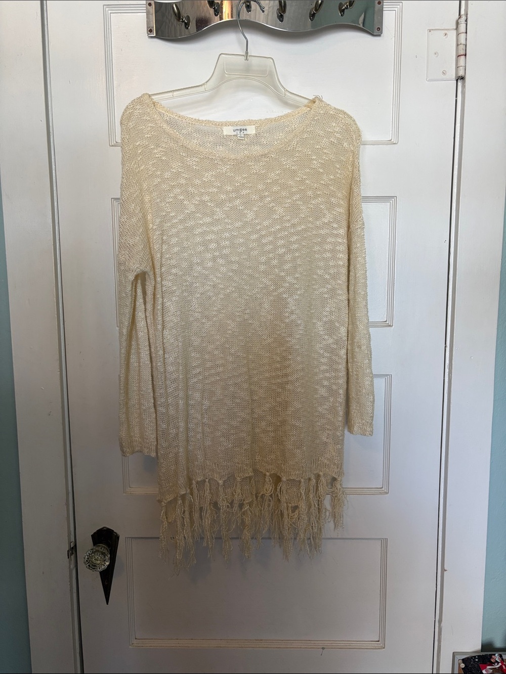 Umgee Open-Knit Fringe Hem Sweater - Cream Size L